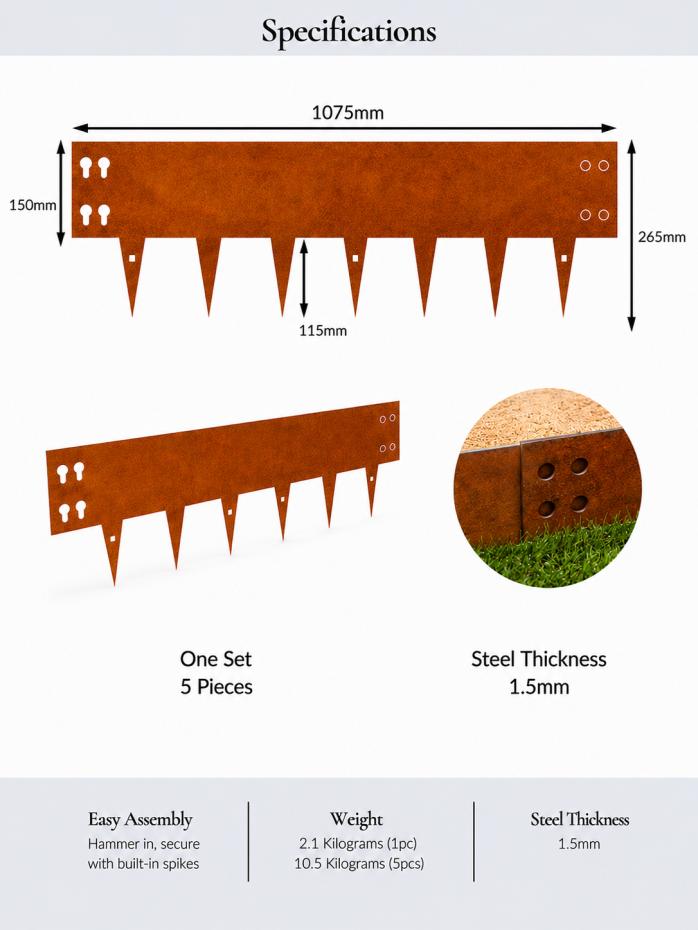 Corten Steel Lawn Edging 1075 x 150mm - Pre-Rusted (Pack of 5 Pcs)
