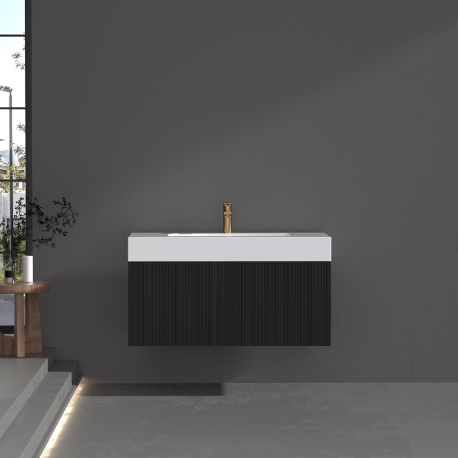 London Matt Black Fluted Bathroom Vanity With Stone Basin - 900mm