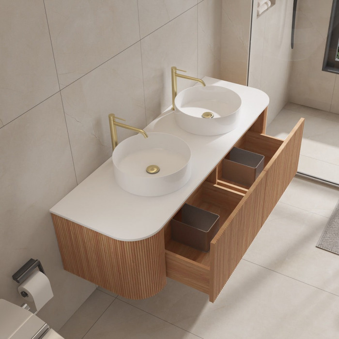 Bali Solid Wood Fluted Double Bathroom Vanity With Side Racks - 1400mm