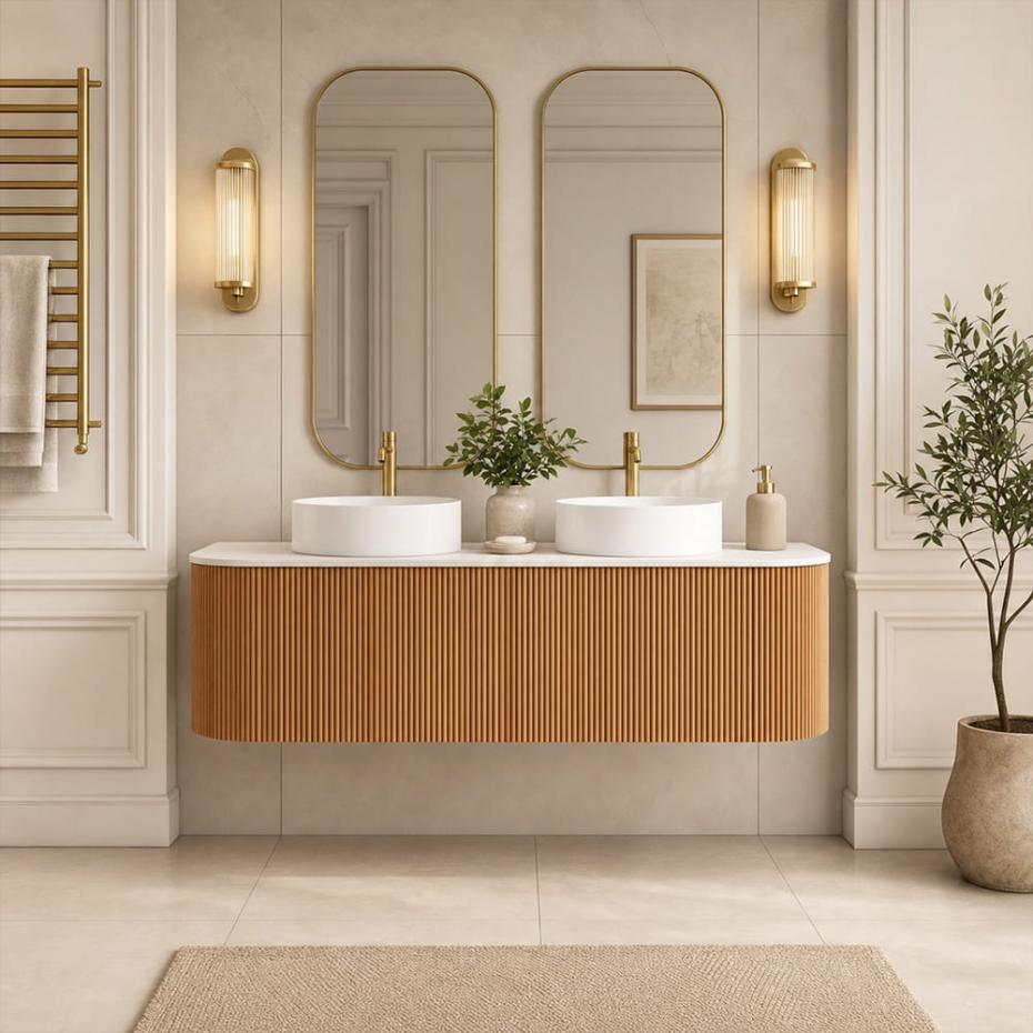 Bali Solid Wood Fluted Double Bathroom Vanity With Side Racks - 1400mm