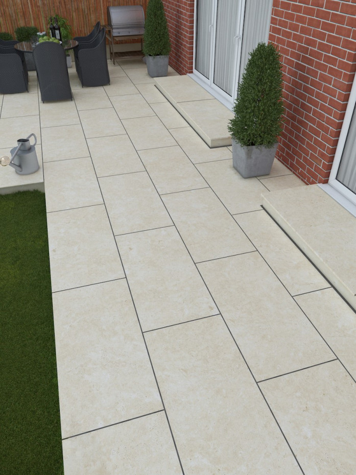 CLEARANCE - Beige Travertine Virtue Vitrified Porcelain Paving Slabs - 900x450 Pack (Last Pack)