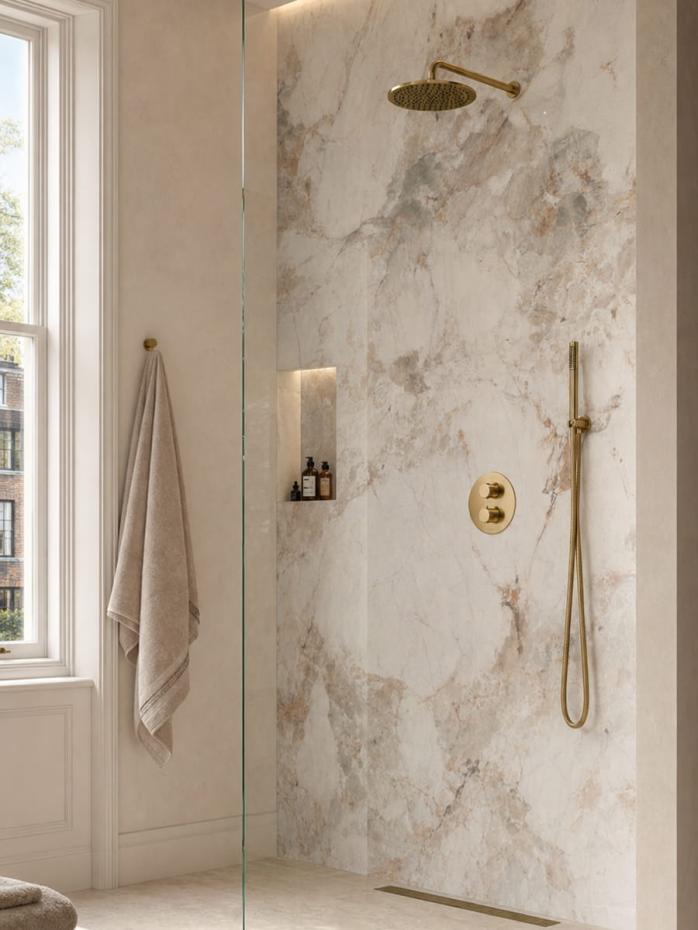 Amalfi Brush Gold Thermostatic Shower with Hand Held Shower Head