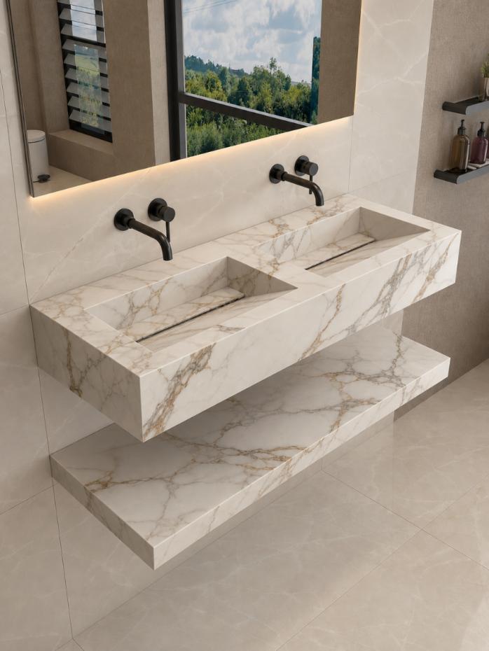 Calacatta Royal Marble Effect Porcelain Double Sink and Shelf -1200mm