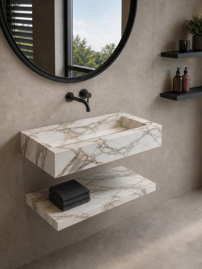 Calacatta Royal Marble Effect Porcelain Sink and Shelf - 800mm