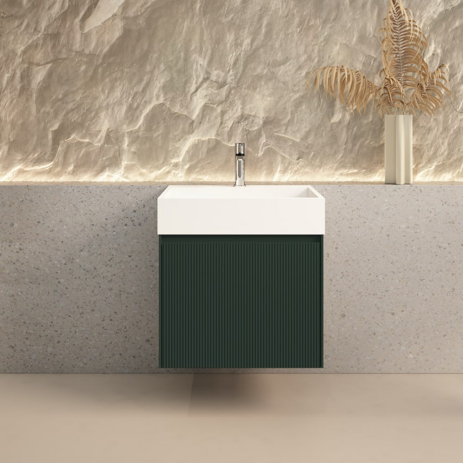 Tuscany Fluted Green Vanity With Inner Drawer and Stone Resin Basin - 600mm