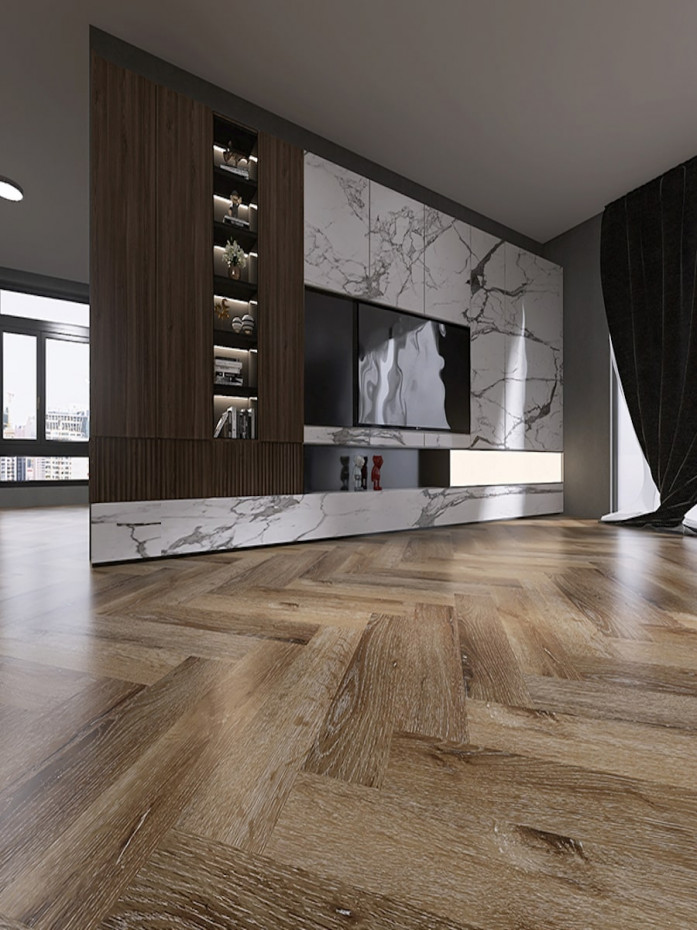 Chateau Oak Herringbone Click Vinyl Floor Tiles - 640x128mm