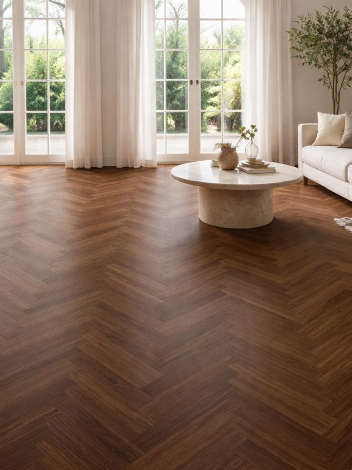 Cherry Oak Herringbone Luxury Click Vinyl Flooring Tiles - 640x128x6mm