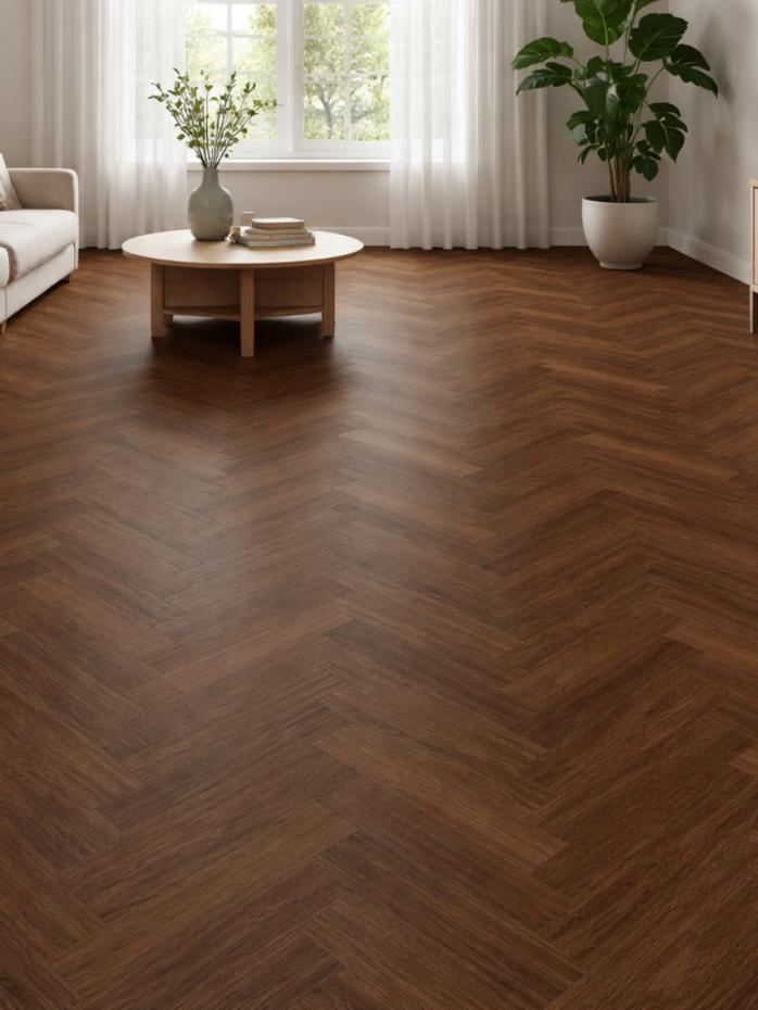 Cherry Oak Herringbone Luxury Click Vinyl Flooring Tiles - 640x128x6mm
