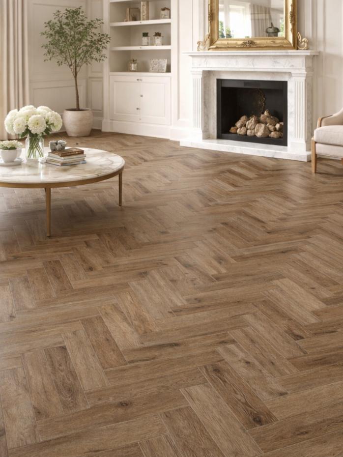 Chestnut Oak Herringbone Luxury Click Vinyl Flooring Tiles - 640x128x6mm