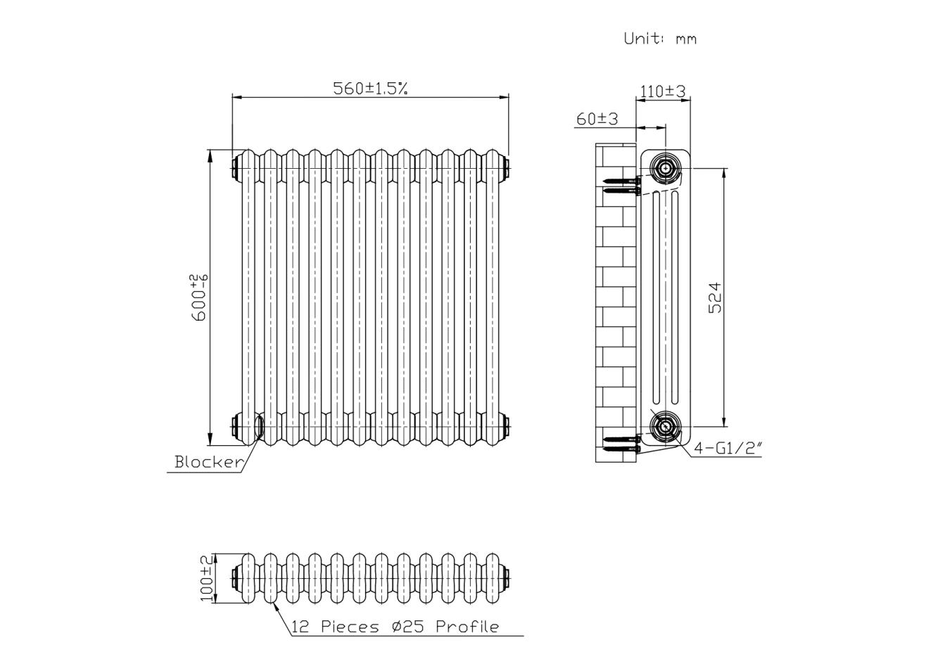 Belmont White Designer Column Radiator - 600x560mm
