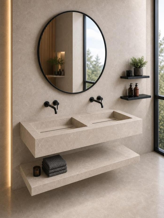 Dome Bone Marble Effect Porcelain Sink and Shelf - 1200mm