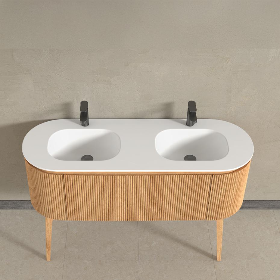 Kensington Solid Wood Floor Standing Dual Oval Basin Fluted Bathroom Vanity Unit - 1400mm