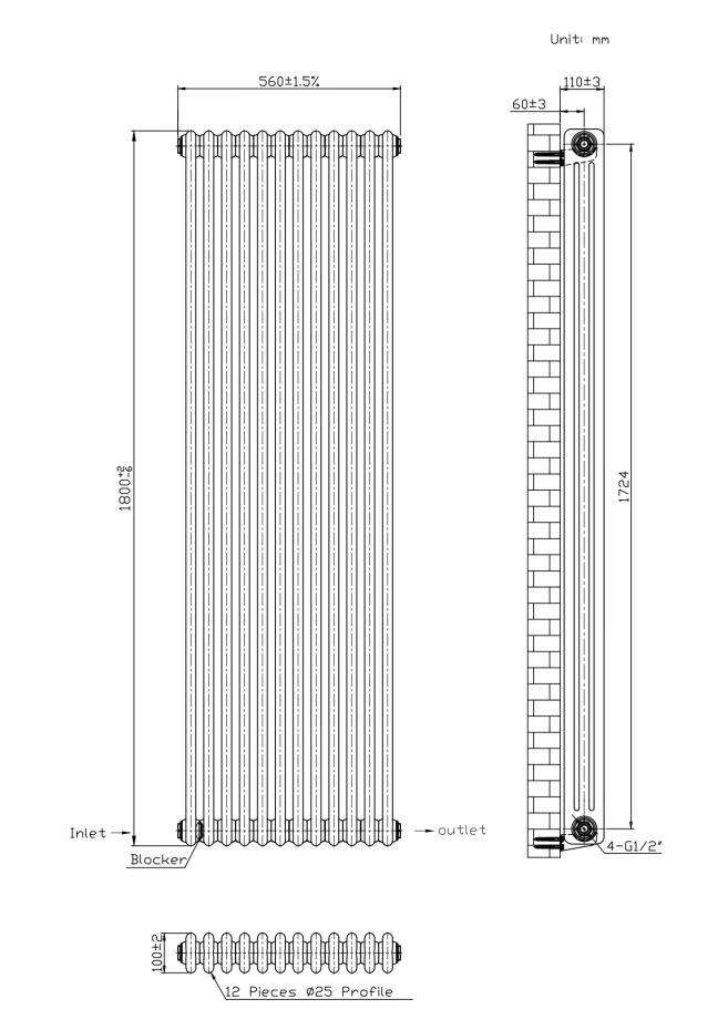 Hampton Traditional White 3 Column Radiator - 560x1800mm