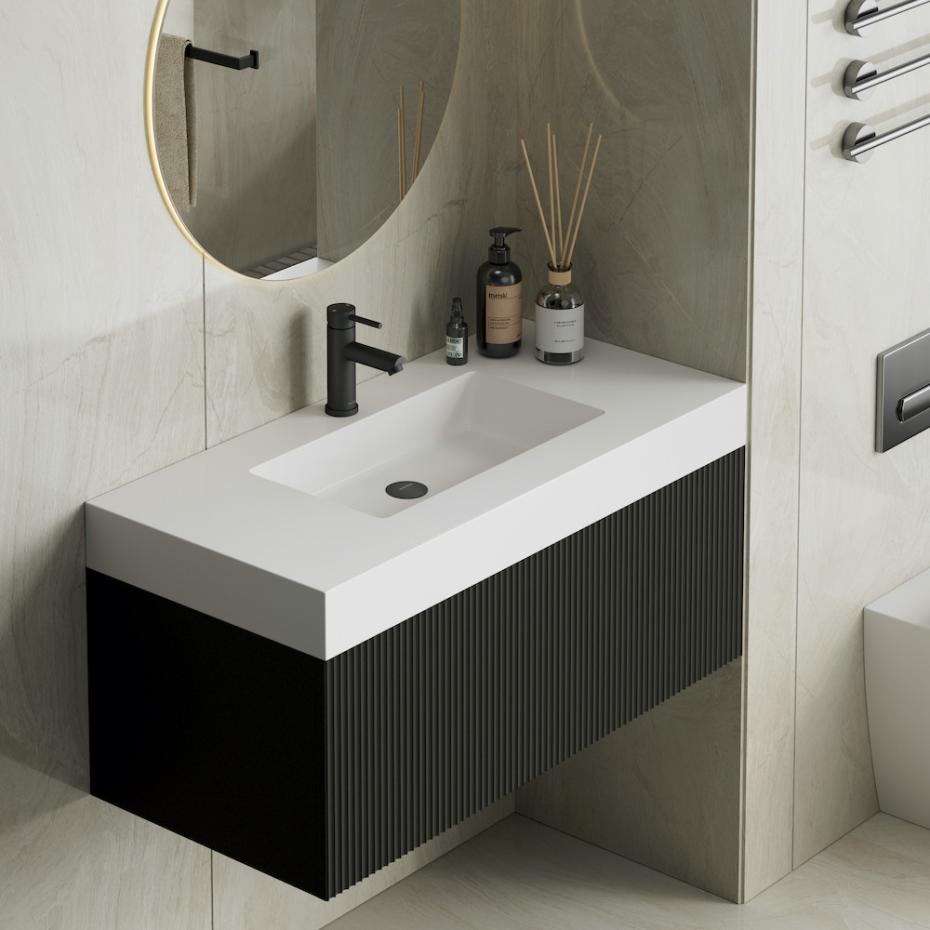 London Matt Black Fluted Bathroom Vanity With Stone Basin - 900mm