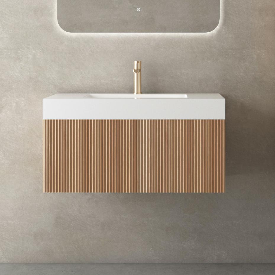 London Solid Wood Fluted Bathroom Vanity With Stone Basin - 800mm