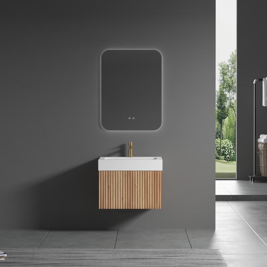 London Solid Wood Fluted Bathroom Vanity With Stone Basin - 600mm