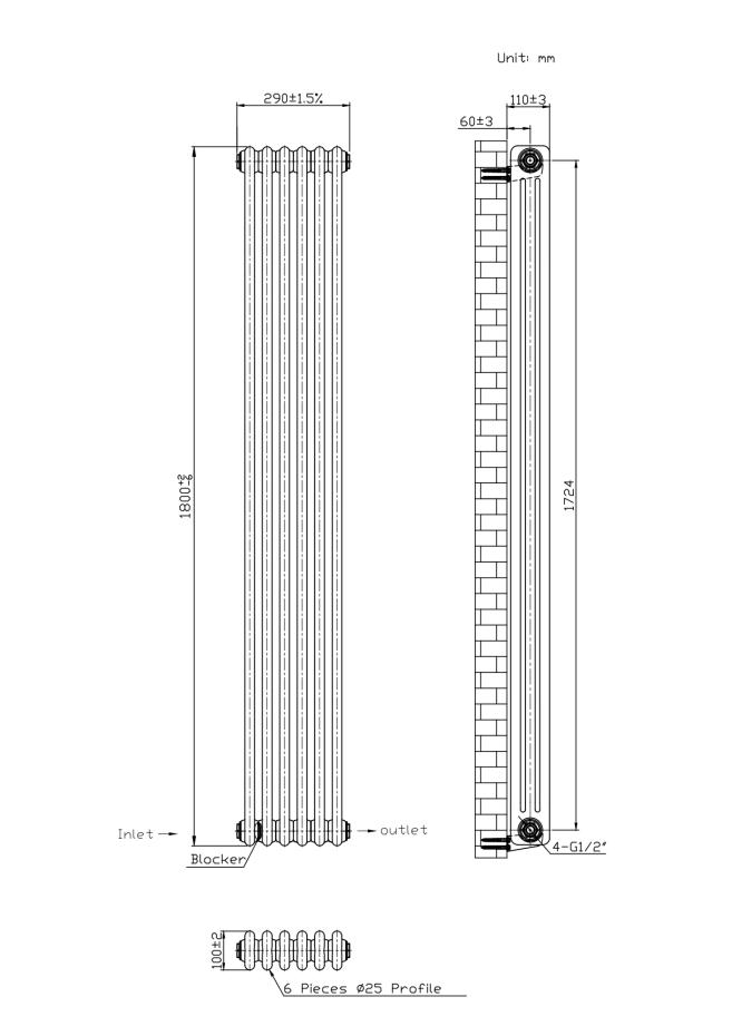Hampton Traditional White 3 Column Radiator - 290x1800mm