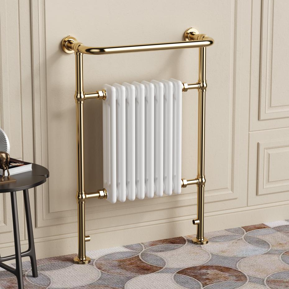 Chelsea Shiny Gold & White Traditional Heated Towel Rail Radiator - 952x659mm