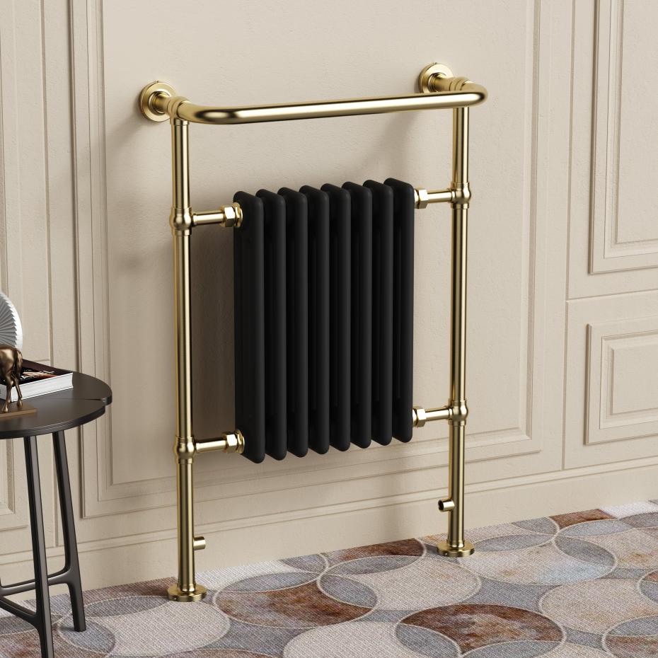 Chelsea Brushed Brass & Black Traditional Heated Towel Rail Radiator - 952x659mm