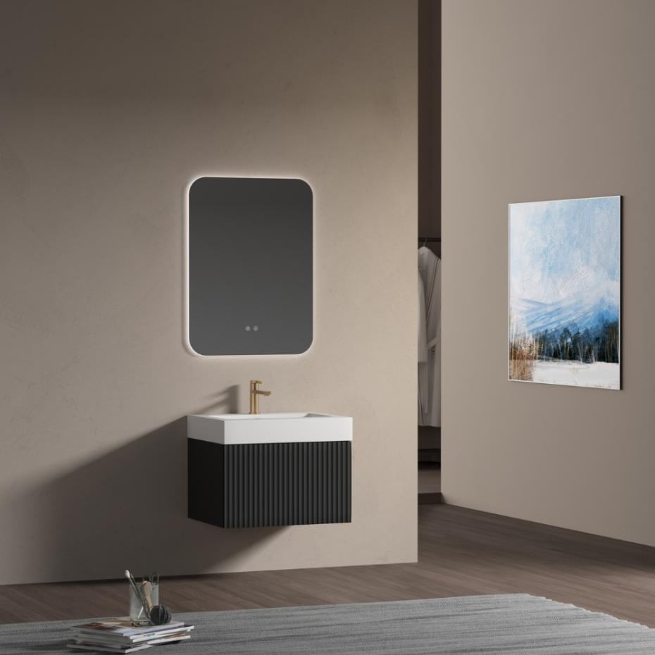 London Matt Black Fluted Bathroom Vanity With Stone Basin - 600mm