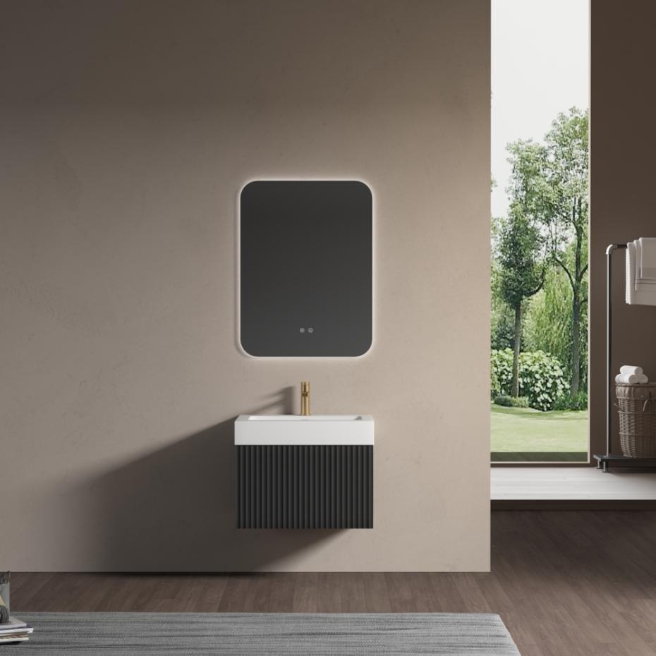 London Matt Black Fluted Bathroom Vanity With Stone Basin - 600mm