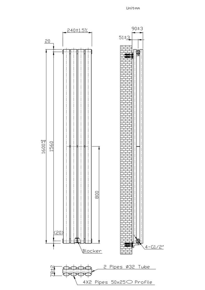 Boston Anthracite Double Panel Vertical Radiator - 1600x240mm