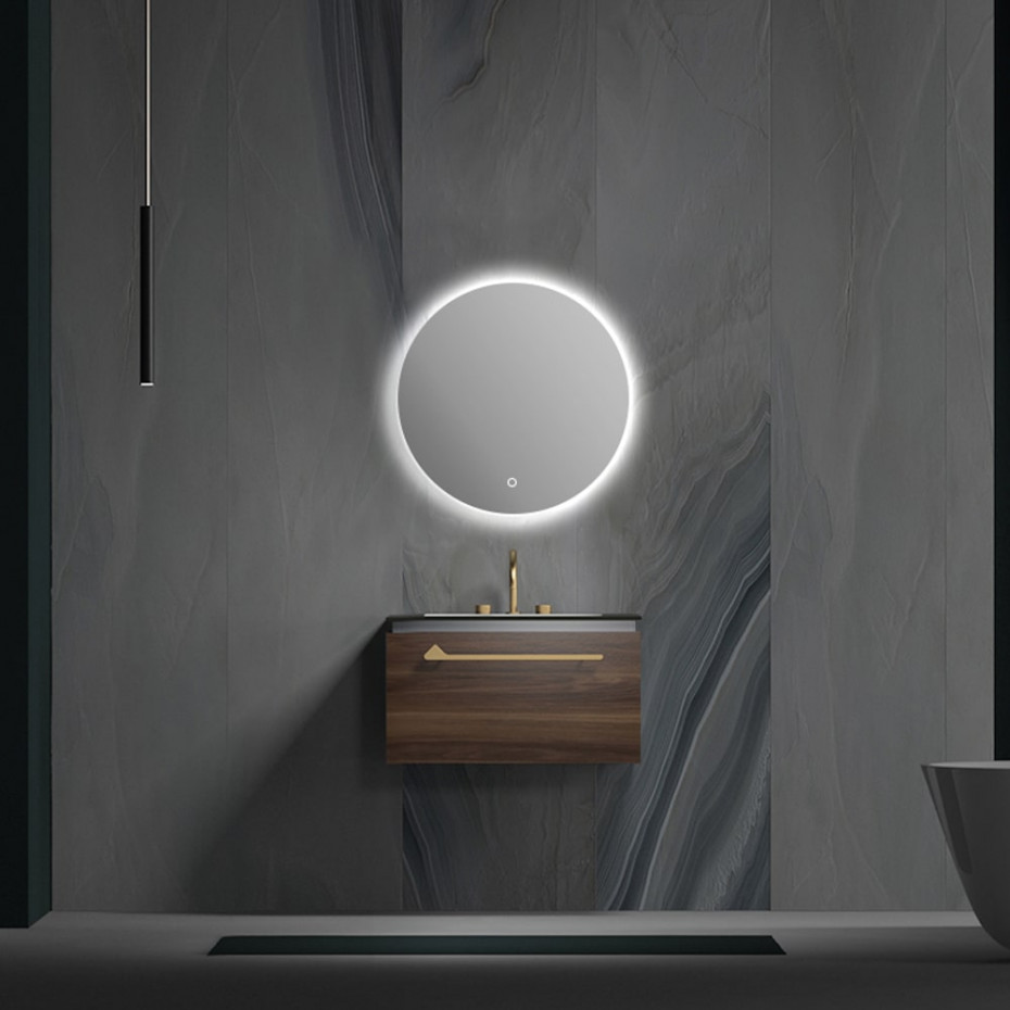 Ibero Modern Wood Vanity With Black Porcelain Top, Gold Shelf - 700mm